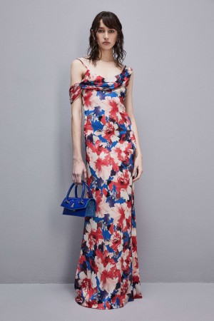 Patrizia Pepe Asymmetrical Neckline Dress In Viscose Satin Colorati | 750GLMBHO