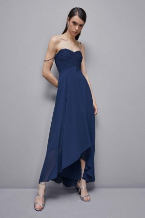 Patrizia Pepe Long Georgette Dress With Pleating Albastri | 607STBZQP