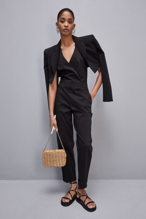 Patrizia Pepe Long Jumpsuit In Stretch Cotton-blend Poplin Negrii | 413KLNDEF