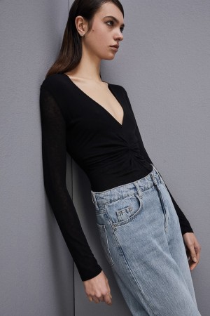 Patrizia Pepe Long-sleeved Jersey T-shirt Negrii | 857DBKIHJ