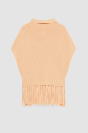Patrizia Pepe Organic Wool Fringed Poncho Bej | 516CIBHLP